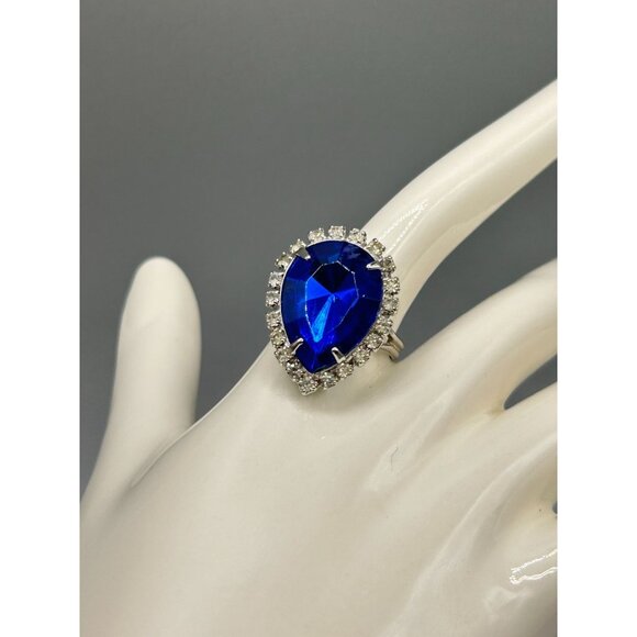 Blue Teardrop Rhinestone Ring with Adjustable Band Statement Costume Ring - Picture 4 of 8